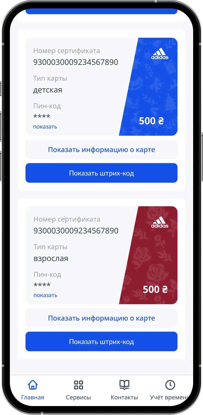 Детали карты с номером и пин-кодом
